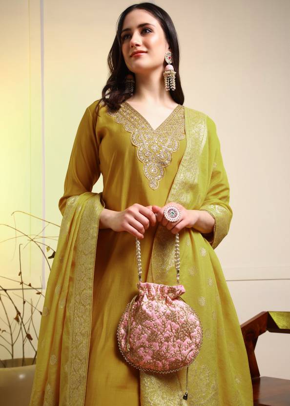 Women Pure Silk Kurti Pant Dupatta Set