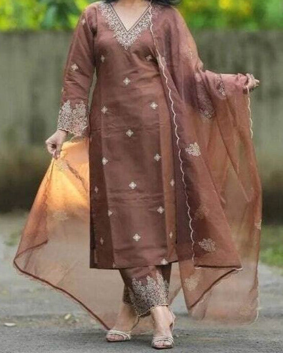 Women Chanderi Kurti Palazzo Attached Dupatta Set-KYAMSTORE