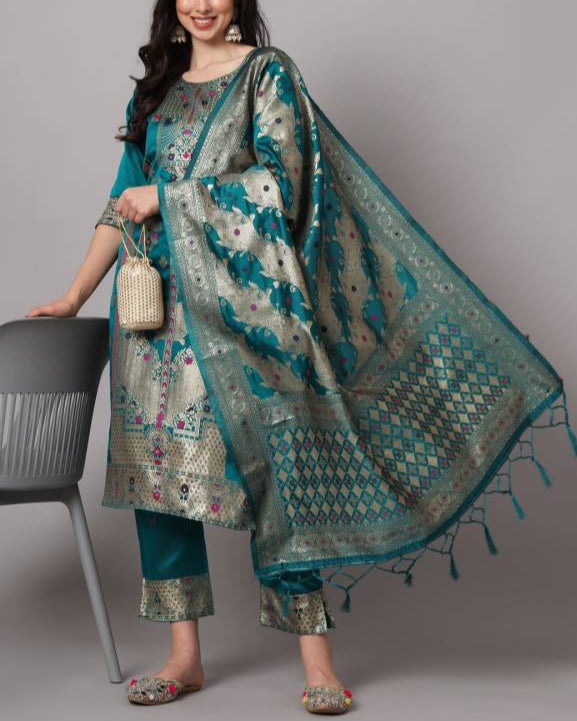 Women Cotton Silk Kurta Pant Dupatta Set-KYAMSTORE