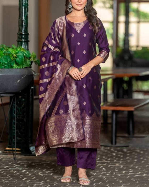 Women Silk Blend, Jacquard Kurta Pant Dupatta Set-KYAMSTORE