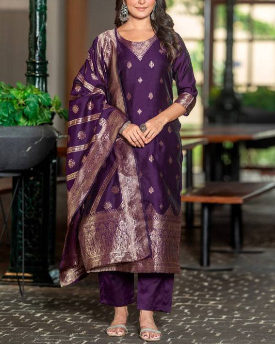 Women Silk Blend, Jacquard Kurta Pant Dupatta Set-KYAMSTORE