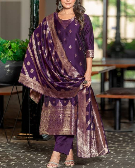 Women Silk Blend, Jacquard Kurta Pant Dupatta Set-KYAMSTORE