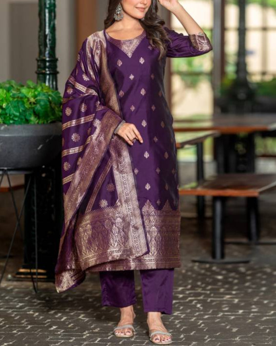 Women Silk Blend, Jacquard Kurta Pant Dupatta Set-KYAMSTORE