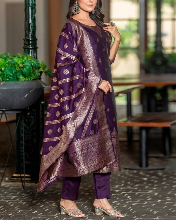 Women Silk Blend, Jacquard Kurta Pant Dupatta Set-KYAMSTORE