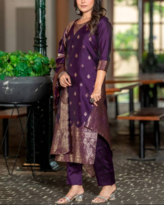 Women Silk Blend, Jacquard Kurta Pant Dupatta Set-KYAMSTORE
