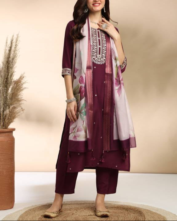 Women Silk Blend Kurta Pant Dupatta Set-KYAMSTORE
