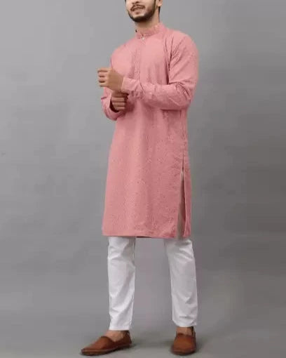 Men Chikan Embroidery Viscose Rayon Ethnic Dress (Color Variants)-KYAMSTORE