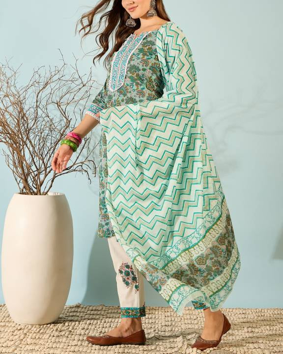 Women Pure Cotton Kurta Pant Dupatta Set-KYAMSTORE