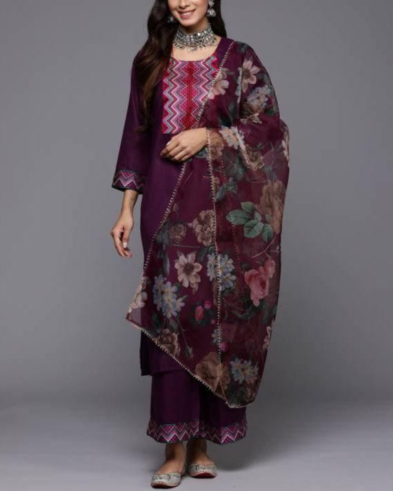 Women Cotton Blend Kurta Palazzo Dupatta Set-KYAMSTORE