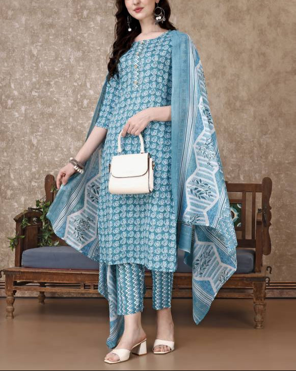 Women Cotton Blend Kurta Pant Dupatta Set-KYAMSTORE