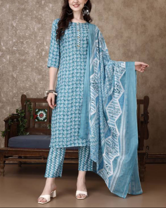 Women Cotton Blend Kurta Pant Dupatta Set-KYAMSTORE