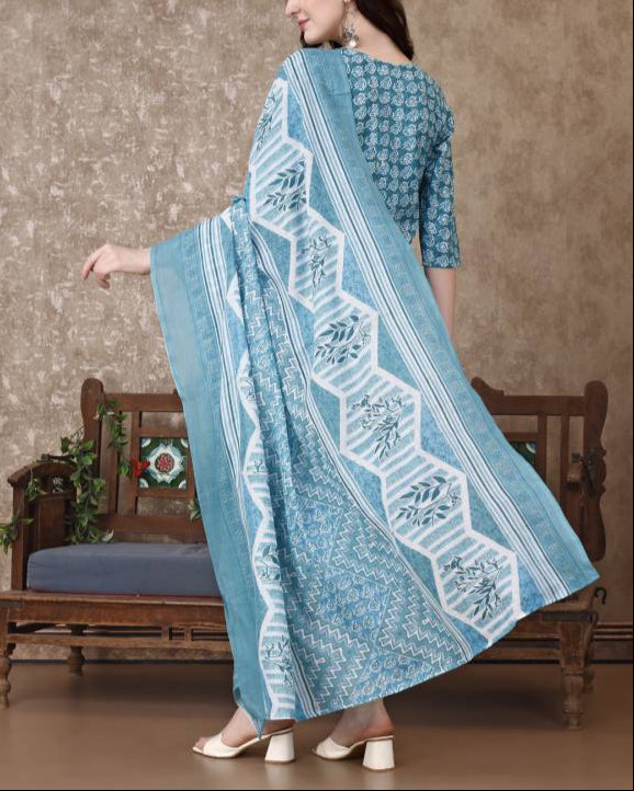 Women Cotton Blend Kurta Pant Dupatta Set-KYAMSTORE