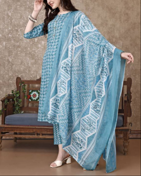 Women Cotton Blend Kurta Pant Dupatta Set-KYAMSTORE