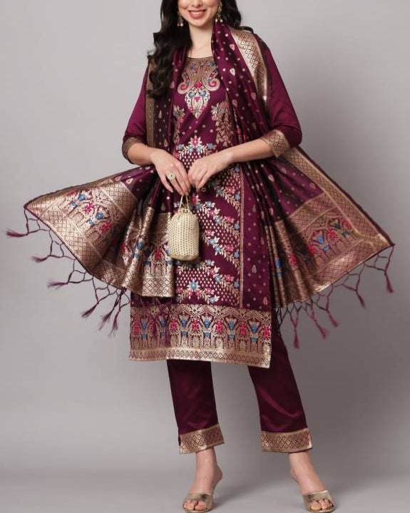 Women Cotton Silk Kurta Pant Dupatta Set-KYAMSTORE