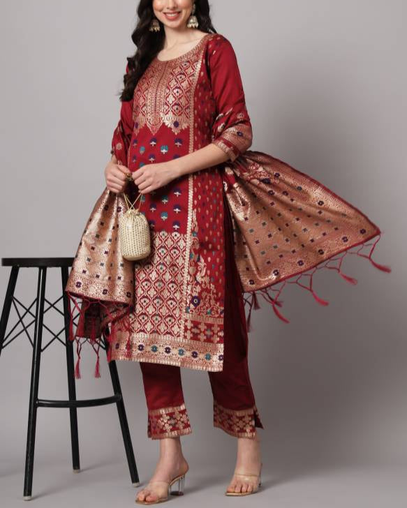Women Cotton Silk Kurta Pant Dupatta Set-KYAMSTORE