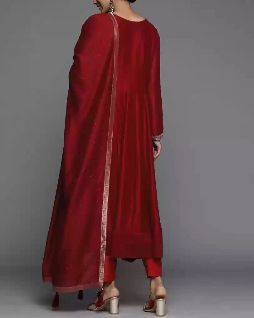 Women Maroon Floral Embroidered Sequinned Kurta with Trousers & Dupatta-KYAMSTORE
