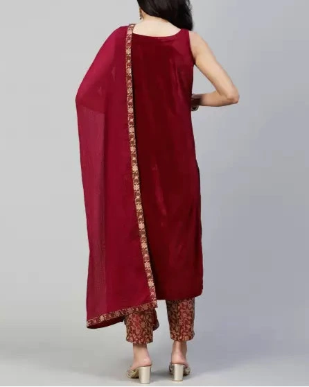 Women Velvet Kurta Pant Dupatta Set-KYAMSTORE