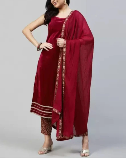 Women Velvet Kurta Pant Dupatta Set-KYAMSTORE