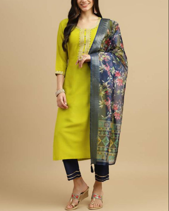 Women Silk Blend Kurta Pant Dupatta Set-KYAMSTORE
