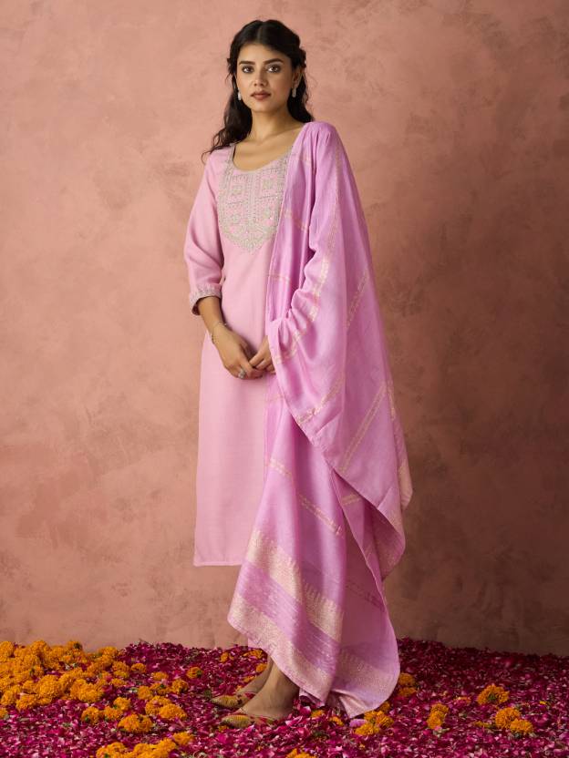 Women Cotton Blend Kurta Pant Dupatta Set