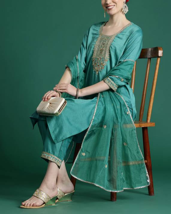 Women Silk Blend Kurta Pant Dupatta Set-KYAMSTORE