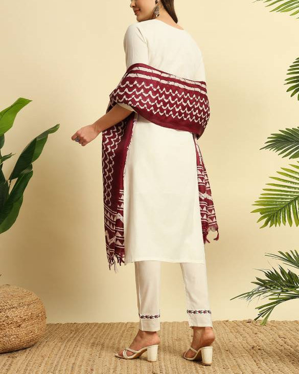 Women Khadi Cotton Kurti Pant Dupatta Set-KYAMSTORE
