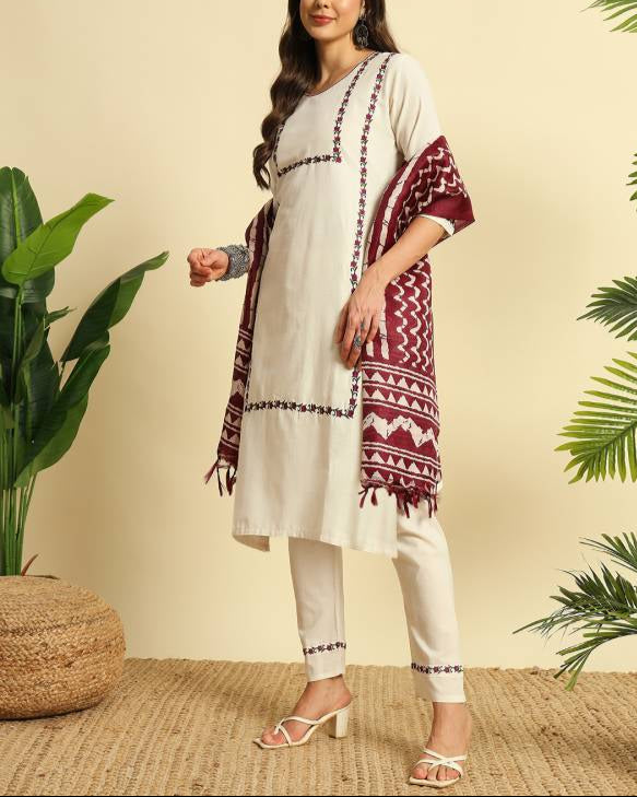 Women Khadi Cotton Kurti Pant Dupatta Set-KYAMSTORE