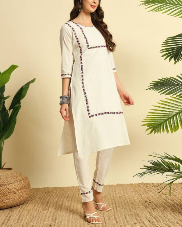 Women Khadi Cotton Kurti Pant Dupatta Set-KYAMSTORE