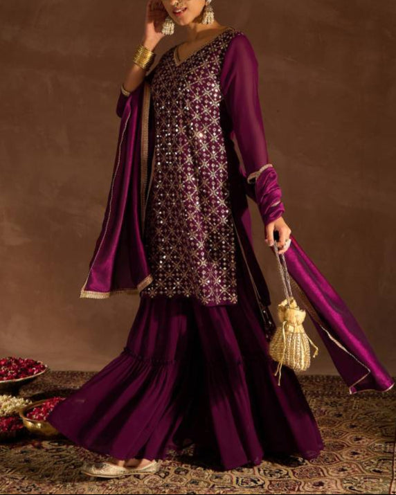 Women Georgette Kurta Sharara Dupatta Set-KYAMSTORE