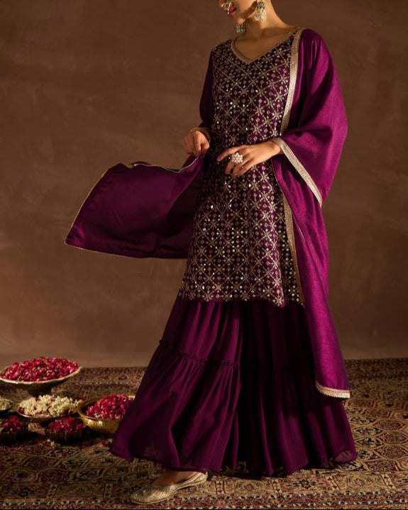 Women Georgette Kurta Sharara Dupatta Set-KYAMSTORE