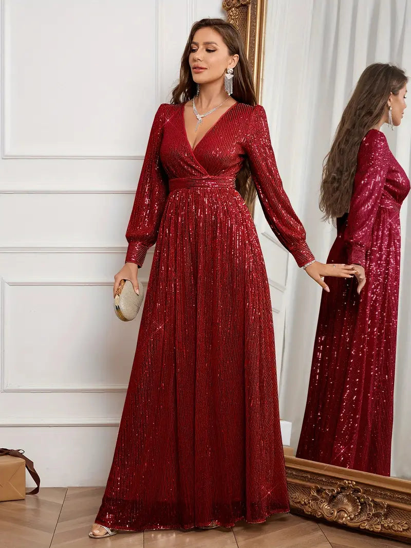 Emerald Green Sequin V-Neck Long Sleeve A-Line Dress | Delivery: 7 to 10 business days | Limited stocks available