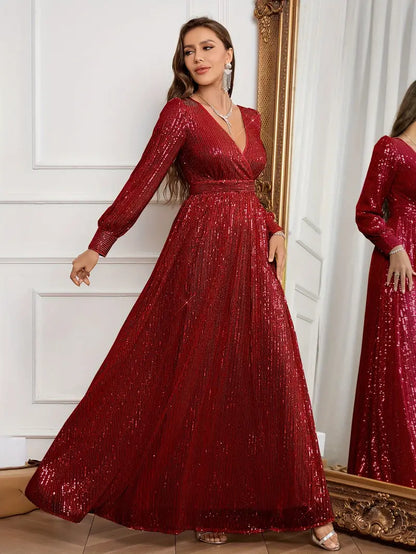 Emerald Green Sequin V-Neck Long Sleeve A-Line Dress | Delivery: 7 to 10 business days | Limited stocks available