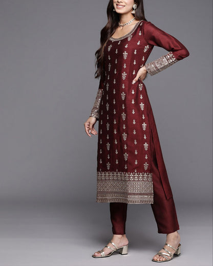 Ethnic Motifs Embroidered Regular Sequinned Kurta with Trousers & Dupatta-KYAMSTORE