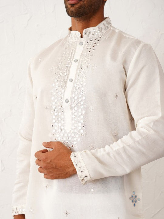 Floral Embroidered Mirror Work Mandarin Collar Cotton Silk Straight Kurta-KYAMSTORE