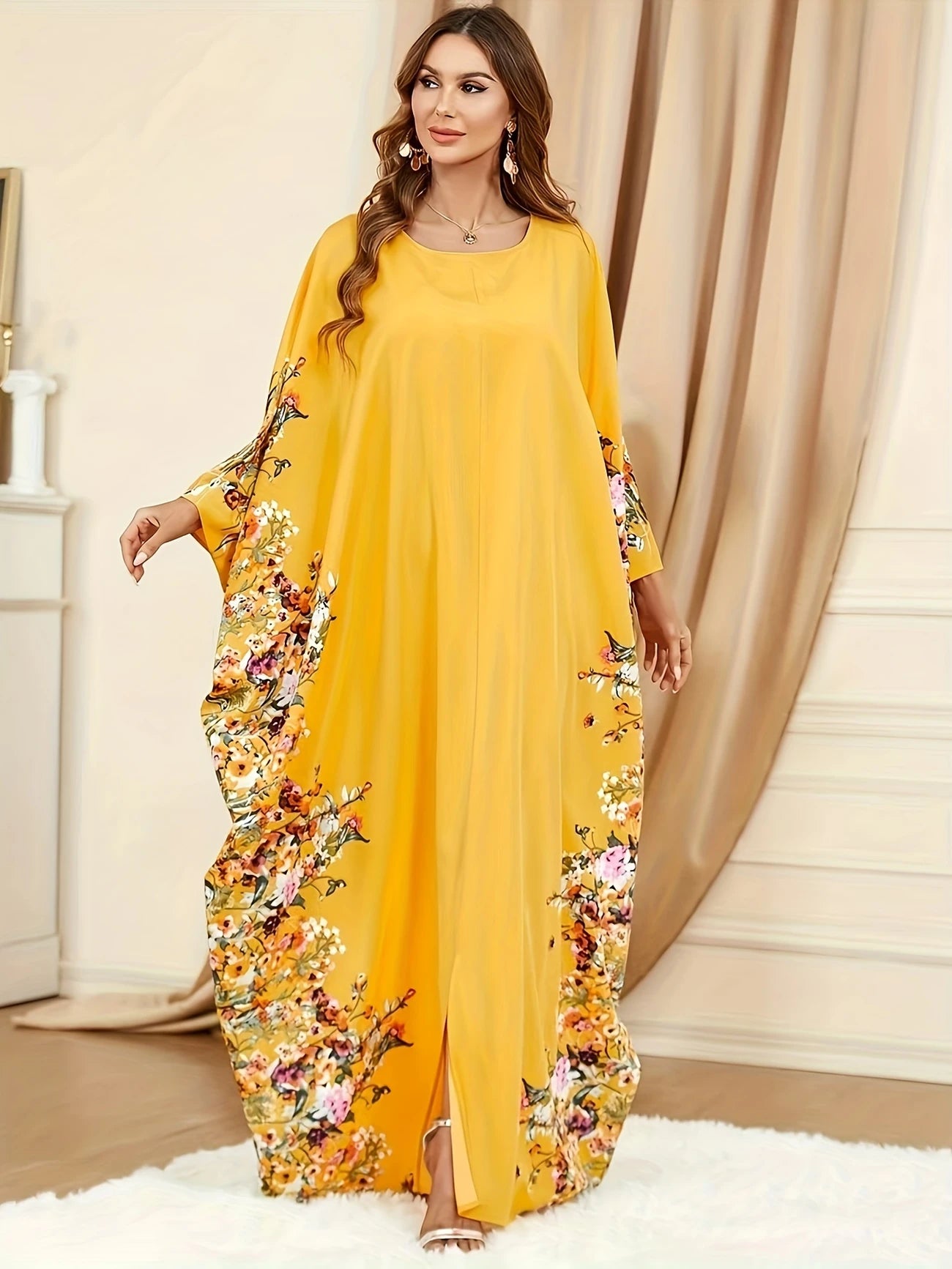Floral Print Crew Neck Kaftan Abaya | Delivery: 7 to 10 business days | Limited stocks available | Hurry before Sold Out