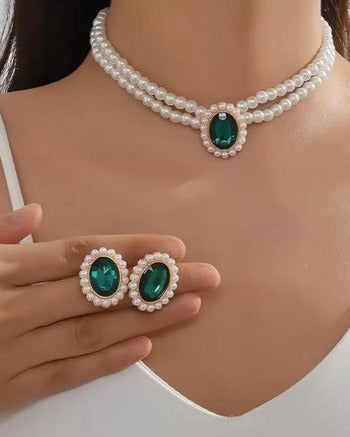 Stone, Mother of Pearl, Crystal Green, White Jewel Set-KYAMSTORE