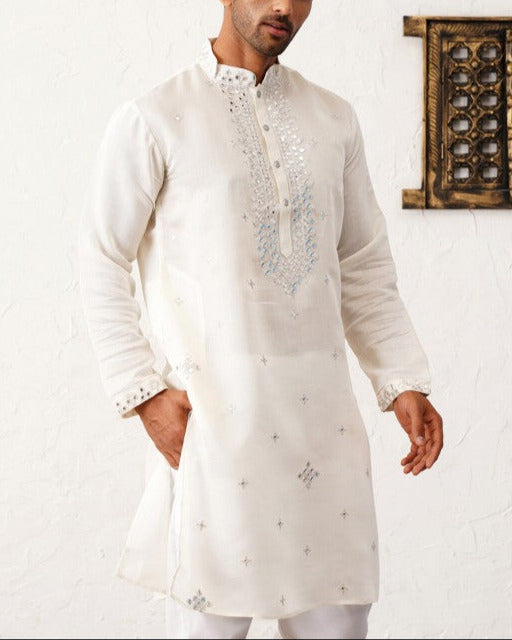 Floral Embroidered Mirror Work Mandarin Collar Cotton Silk Straight Kurta-KYAMSTORE