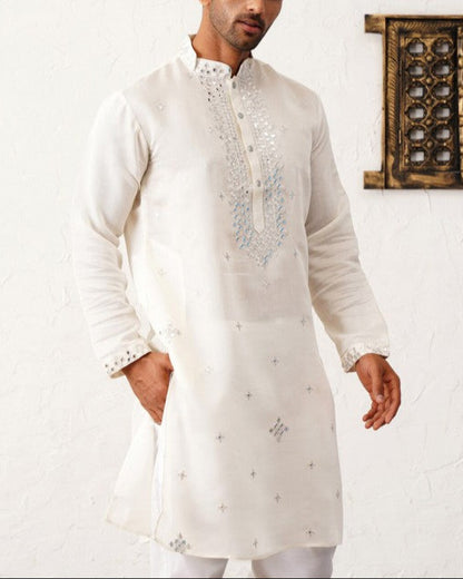 Floral Embroidered Mirror Work Mandarin Collar Cotton Silk Straight Kurta-KYAMSTORE