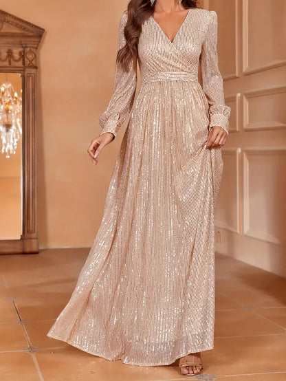 Emerald Green Sequin V-Neck Long Sleeve A-Line Dress | Delivery: 7 to 10 business days | Limited stocks available