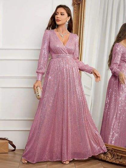 Emerald Green Sequin V-Neck Long Sleeve A-Line Dress | Delivery: 7 to 10 business days | Limited stocks available