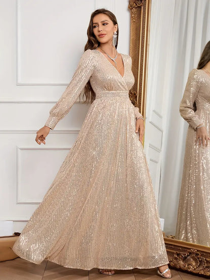 Emerald Green Sequin V-Neck Long Sleeve A-Line Dress | Delivery: 7 to 10 business days | Limited stocks available