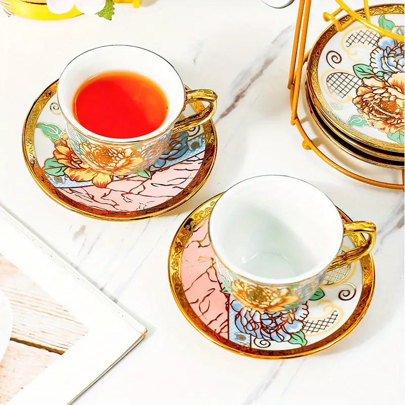 14pcs, Complete Camellia Golden Cup and Saucer Set with Cup Holder | Delivery: 7 to 10 business days | Limited stocks available | Hurry before Sold Out