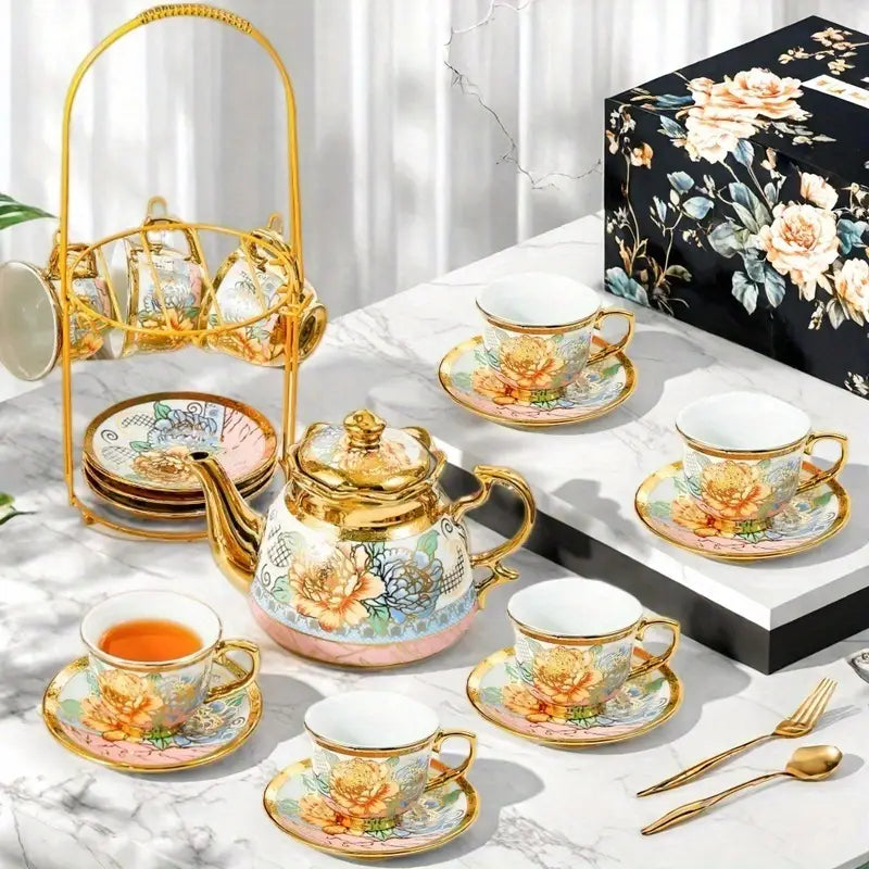 14pcs, Complete Camellia Golden Cup and Saucer Set with Cup Holder | Delivery: 7 to 10 business days | Limited stocks available | Hurry before Sold Out