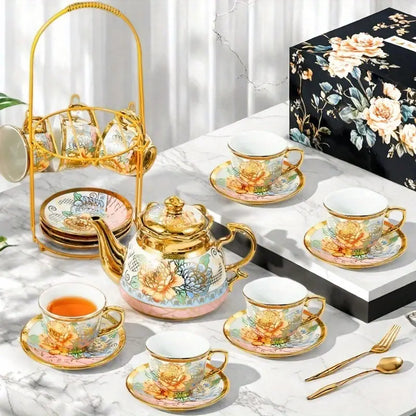 14pcs, Complete Camellia Golden Cup and Saucer Set with Cup Holder | Delivery: 7 to 10 business days | Limited stocks available | Hurry before Sold Out