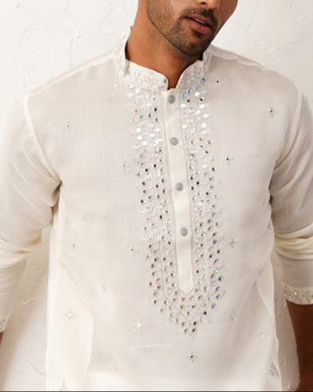 Floral Embroidered Mirror Work Mandarin Collar Cotton Silk Straight Kurta-KYAMSTORE