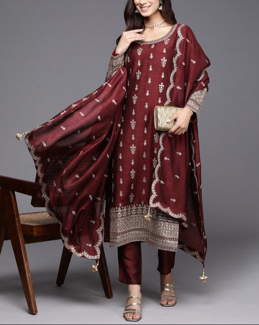 Ethnic Motifs Embroidered Regular Sequinned Kurta with Trousers & Dupatta-KYAMSTORE