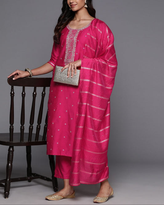 Women Floral Yoke Design Regular Sequinned Kurta with Trousers Dupatta-KYAMSTORE