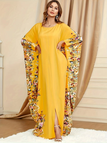 Floral Print Crew Neck Kaftan Abaya | Delivery: 7 to 10 business days | Limited stocks available | Hurry before Sold Out