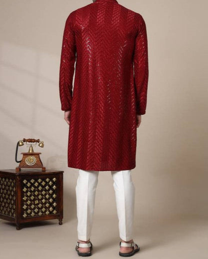 Men Chikan Embroidery Viscose Rayon Straight Kurta-KYAMSTORE