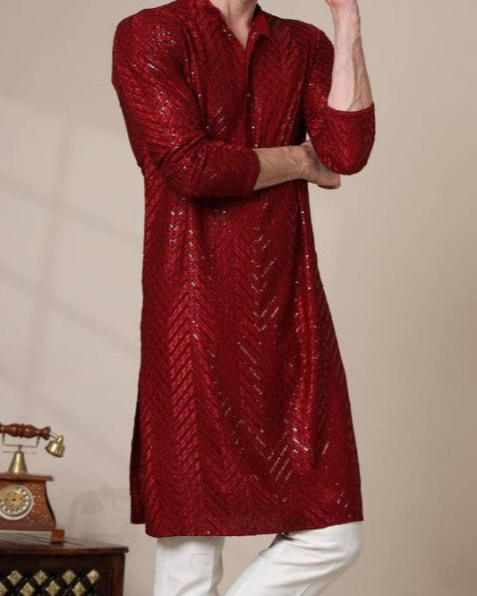 Men Chikan Embroidery Viscose Rayon Straight Kurta-KYAMSTORE